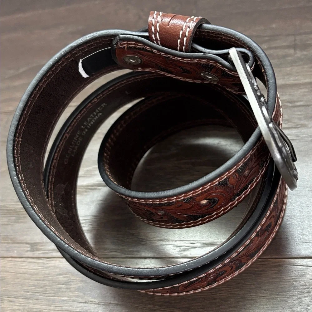 Ridge Mountain Genuine tooled leather,double stitch,antique silver buckle Wester